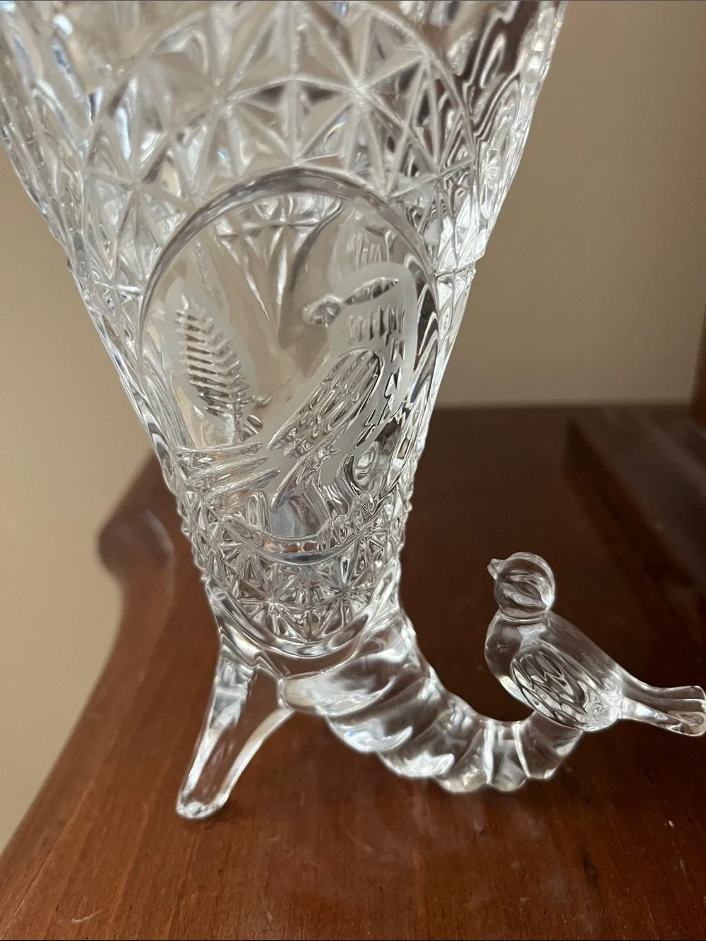 Clear Glass Cornucopia Vase with Bird Accent